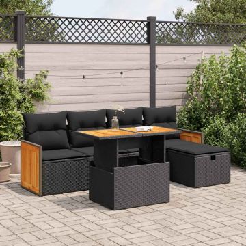 Set Divano da Giardino 6 pz con Cuscini Nero in Polyrattan