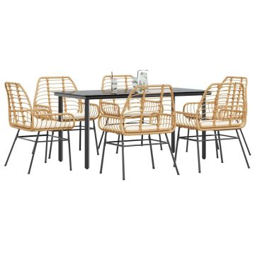 Set Pranzo da Giardino 7pz con Cuscini Marrone Polyrattan Vetro