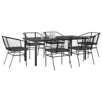 Set Pranzo da Giardino 7 pz Nero con Cuscini Polyrattan Vetro
