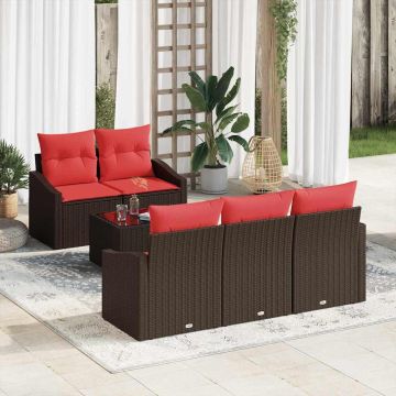 Set di divani 6 pz 3-Numero di posti Marrone e Rosso polyrattan