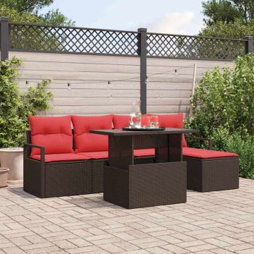 Set Divano da Giardino 6 pz Marrone e Rosso polyrattan