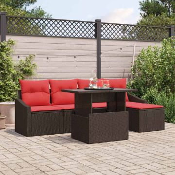 Set Divano da Giardino 6 pz Marrone e Rosso polyrattan