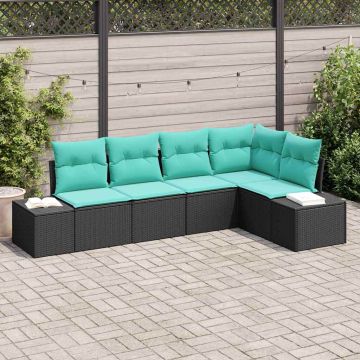 Set Divano da Giardino 5 pz Nero e Turchese polyrattan