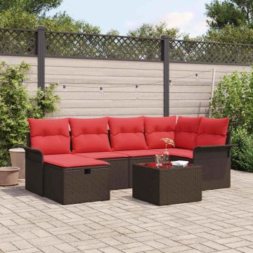 Set Divano da Giardino 7 pz Marrone e Rosso polyrattan