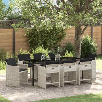 Set da Pranzo per Giardino 9 pz Grigio chiaro polyrattan