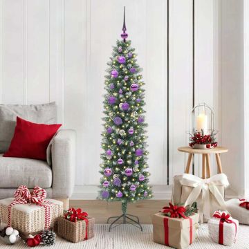 Albero di Natale Artificiale Sottile Verde e Bianco 150 cm