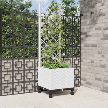 Vaso da giardino con grigliato e ruote Bianco 40 x 40 x 146 cm