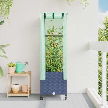 Vaso da Giardino con Copertura per Serra e Ruote Blu Grigio PP