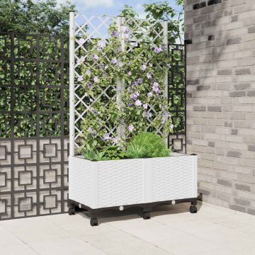 Vaso da giardino con grigliato e ruote Bianco 80 x 40 x 146 cm