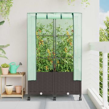 Vaso da Giardino con Copertura per Serra e Ruote 2 pz Marrone