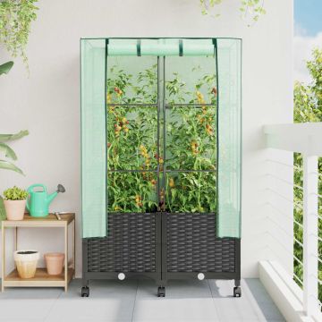 Vaso da Giardino con Copertura per Serra e Ruote 2 pz Nero PP