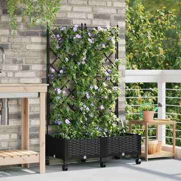 Vaso da giardino con grigliato e ruote 2 pz Nero PP