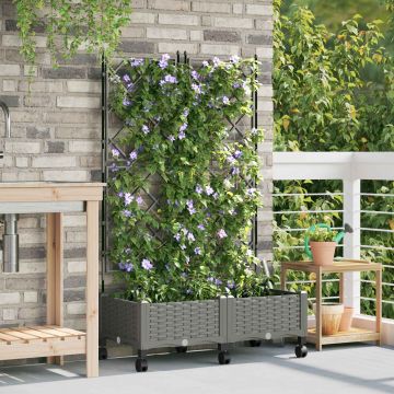 Vaso da giardino con grigliato e ruote 2 pz Grigio Chiaro PP