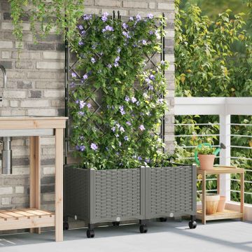Vaso da giardino con grigliato e ruote 2 pz Grigio Chiaro PP