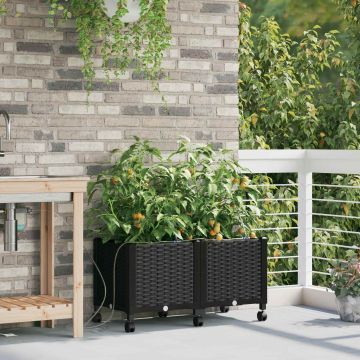 Vaso da Giardino con Irrigazione e Ruote 2 pz Nero PP