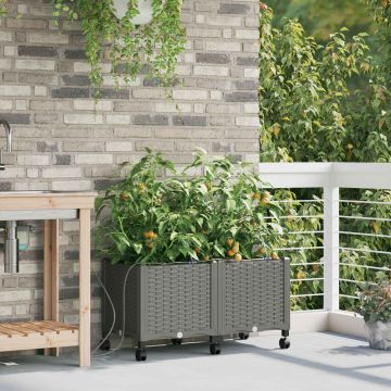 Vaso da Giardino con Irrigazione e Ruote 2 pz Grigio Chiaro PP