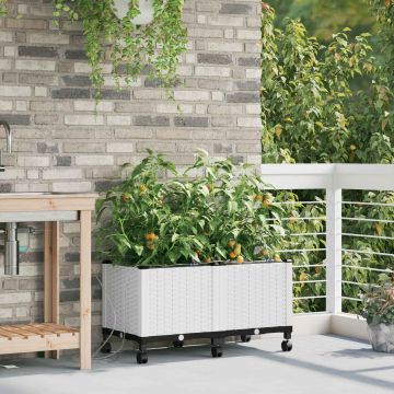 Vaso da Giardino con Irrigazione e Ruote 2 pz Bianco PP
