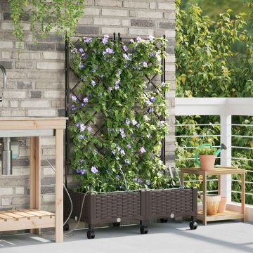 Vaso da Giardino con Irrigazione e Ruote 2 pz Marrone PP