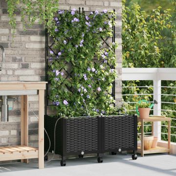 Vaso da Giardino con Irrigazione e Ruote 2 pz Nero PP