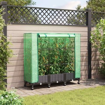Vaso da Giardino con Copertura per Serra e Ruote 3 pz Nero PP