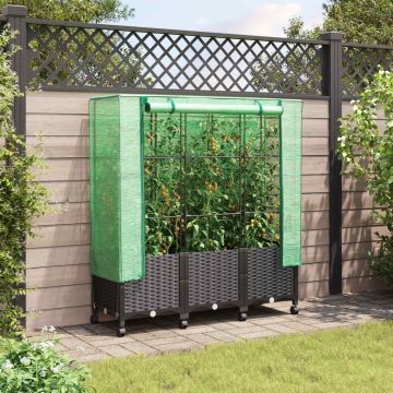Vaso da Giardino con Copertura per Serra e Ruote 3 pz Nero PP