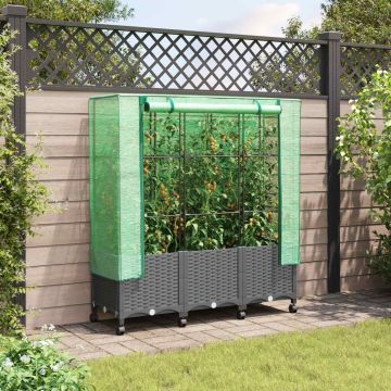 Vaso da Giardino con Copertura per Serra e Ruote 3 pz PP