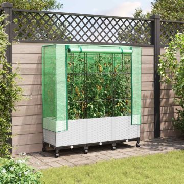 Vaso da Giardino con Copertura per Serra e Ruote 3 pz Bianco PP