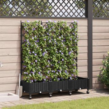 Vaso da giardino con grigliato e ruote 3 pz Nero PP