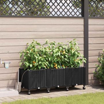 Vaso da Giardino con Irrigazione e Ruote 3 pz Nero PP