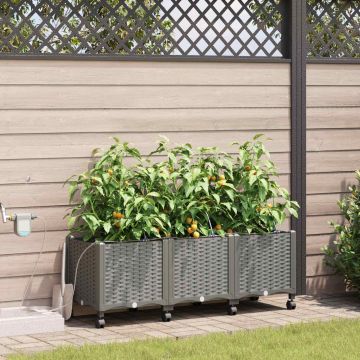 Vaso da Giardino con Irrigazione e Ruote 3 pz Grigio Chiaro PP