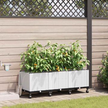 Vaso da Giardino con Irrigazione e Ruote 3 pz Bianco PP