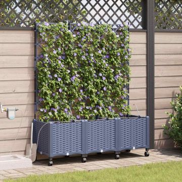 Vaso da Giardino con Irrigazione e Ruote 3 pz Grigio PP
