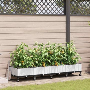 Vaso da Giardino con Irrigazione e Ruote 4 pz Bianco PP