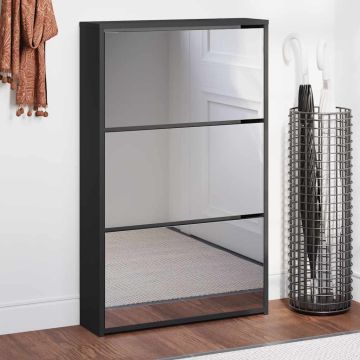Scarpiera con Specchio a 3 Ripiani Nera 63x17x102,5 cm