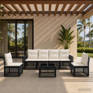 Set Divano da Giardino 7 pz Nero e Bianco Crema polyrattan