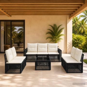Set Divano da Giardino 8 pz Nero e Bianco Crema polyrattan