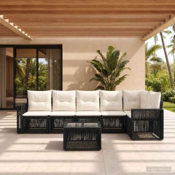 Set Divano da Giardino 7 pz Nero e Bianco Crema polyrattan