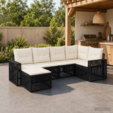 Set Divano da Giardino 6 pz Nero e Bianco Crema polyrattan
