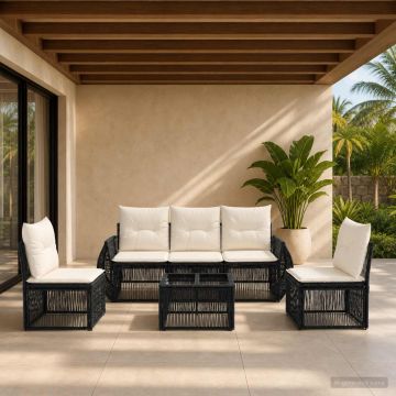 Set Divano da Giardino 6 pz Nero e Bianco Crema polyrattan