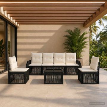 Set Divano da Giardino 7 pz Nero e Bianco Crema polyrattan