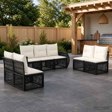 Set Divano da Giardino 7 pz Nero e Bianco Crema polyrattan