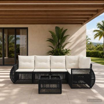 Set Divano da Giardino 6 pz Nero e Bianco Crema polyrattan
