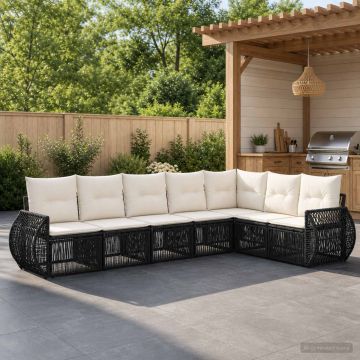 Set Divano da Giardino 7 pz Nero e Bianco Crema polyrattan