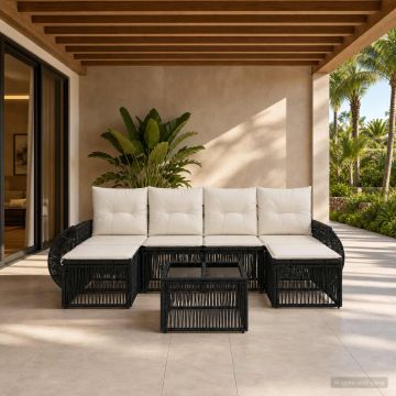 Set Divano da Giardino 7 pz Nero e Bianco Crema polyrattan