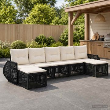 Set Divano da Giardino 7 pz Nero e Bianco Crema polyrattan
