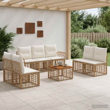 Set di divani da esterno 8 pz 7-Posti Naturale e Bianco Crema