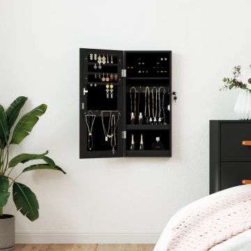 Armadio Portagioie con Specchio a Muro Nero 30x8,5x67 cm