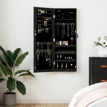 Armadio Portagioie con Specchio a Muro Nero 37,5x10x106 cm