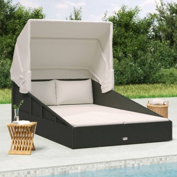Lettino con Tettuccio Pieghevole Nero 200x114x128 cm Polyrattan