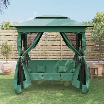Gazebo con Panca a Dondolo Convertibile Verde Tessuto e Acciaio